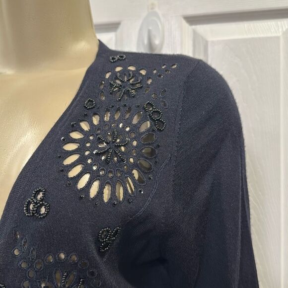 ESCADA BEADED CASHMERE BLEND CARDIGAN XL BLACK. - Picture 4 of 7